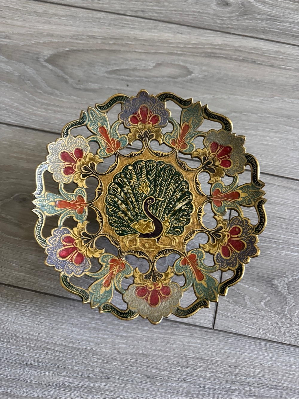 Decorative Gold Peacock Pedestal Filigree Trinket Dish - Green, Red, Blue